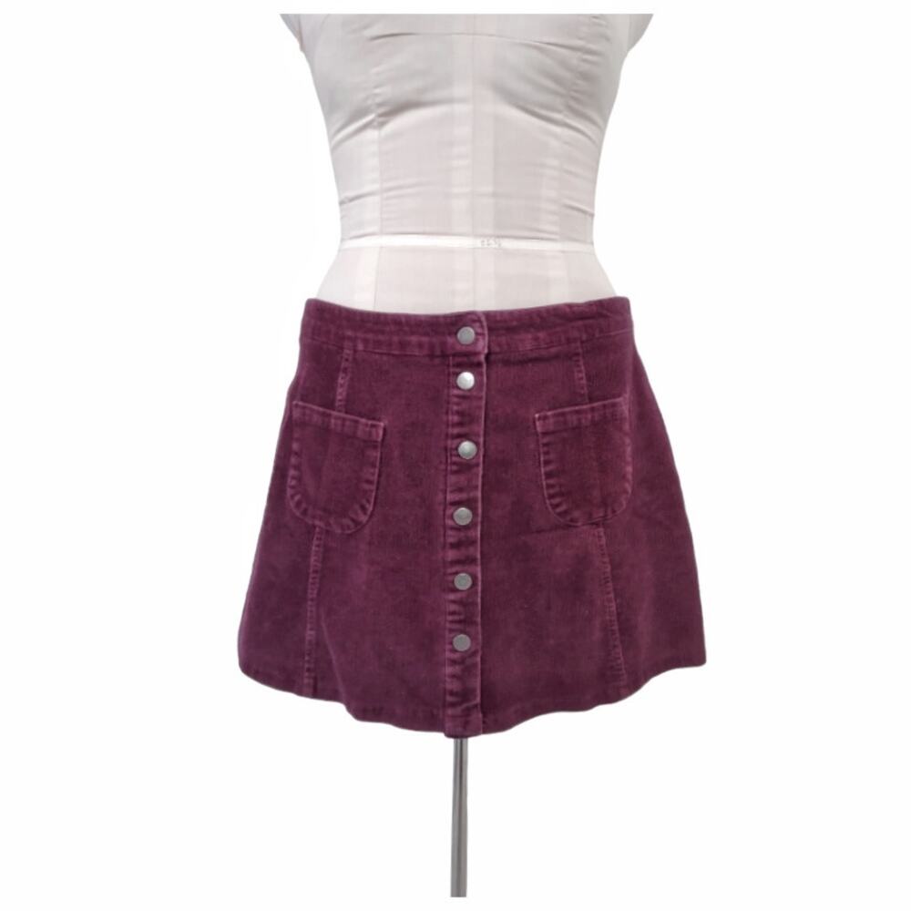 MELVILLE Corduroy Mini Skirt Wine Stretch Cord Button Snap Front Size L Indie